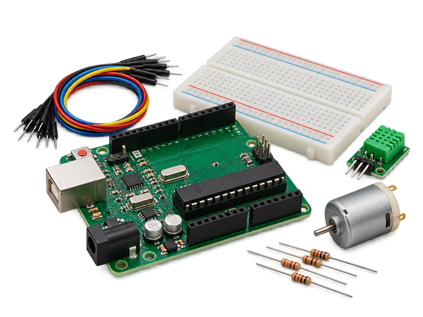 An Arduino-compatible board with a breadboard, jumper wires, a sensor module, a DC motor and resistors